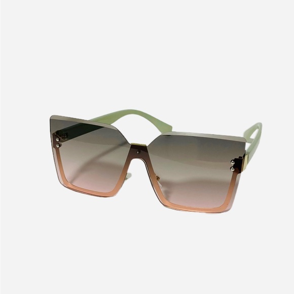 Accessories - 1110-Oversized Vintage Square Sunglasses - Green/Pink